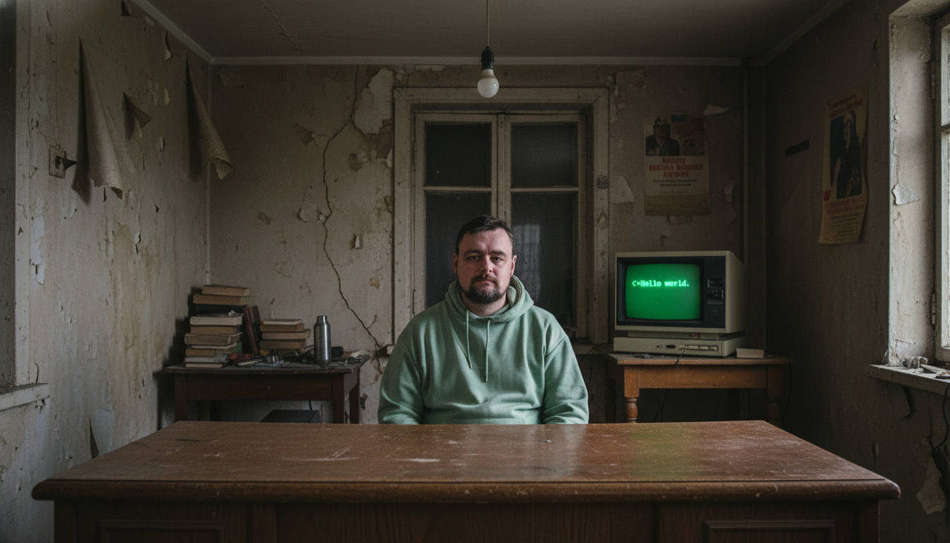 A man, (Craig), sitting at a large wooden desk in a run down room with an old 1980s computer behind him.