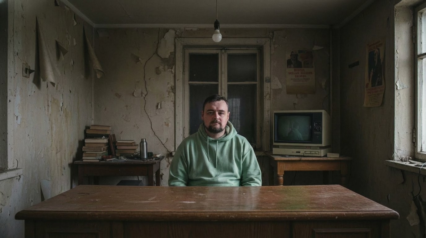 A man, (Craig), sitting at a large wooden desk in a run down room with an old 1980s computer behind him. (final frame)